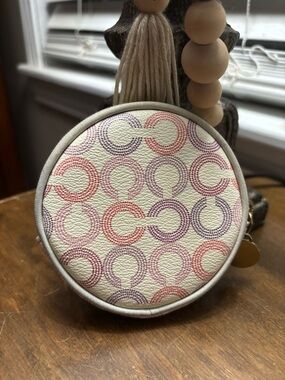 Coach Round Coin Purse in Cream with Pink and Purple Logo Print